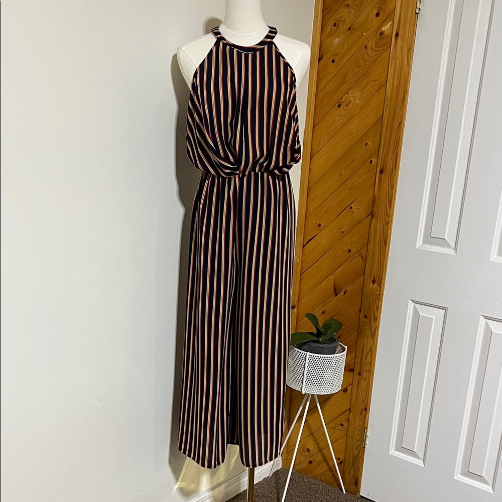 Striped Halter Neck Maxi Dress - Black and Tan